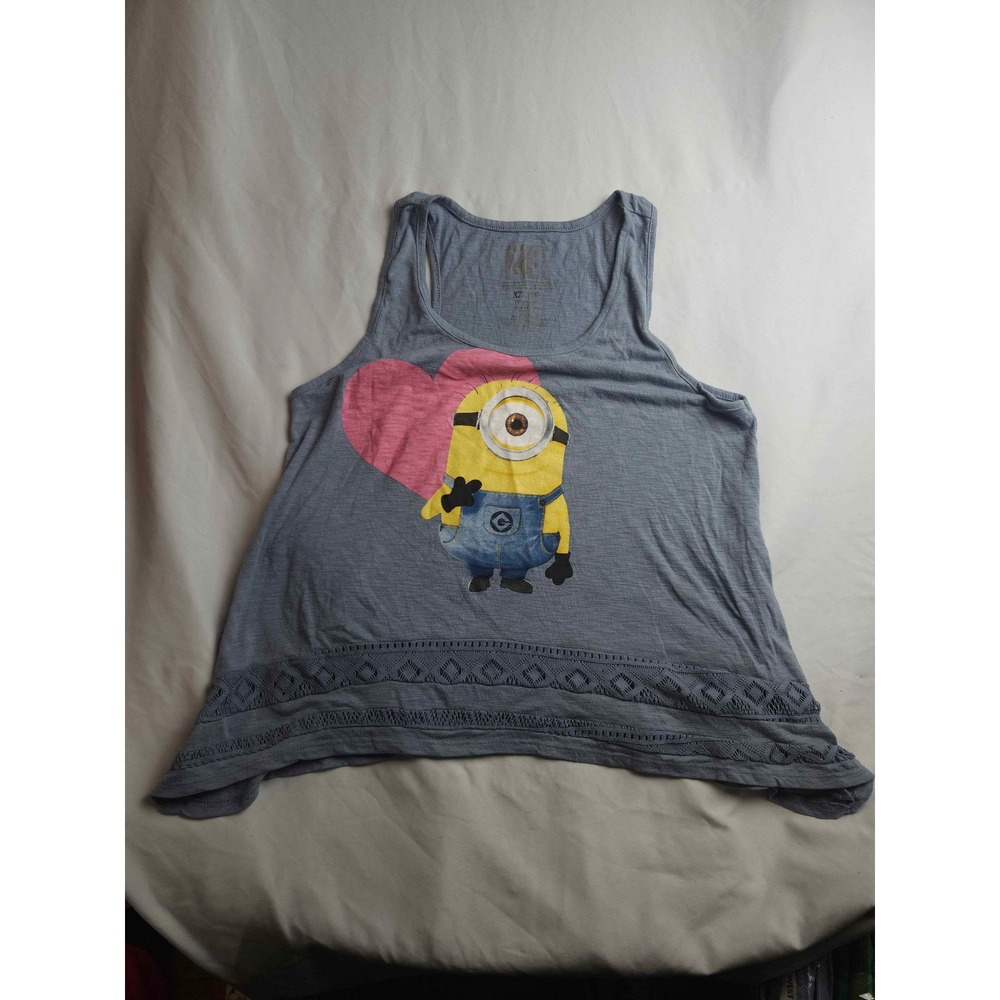 Despicable Me Minion Heart Graphic Tank Top‎ Blue Gray Lace Trim XL